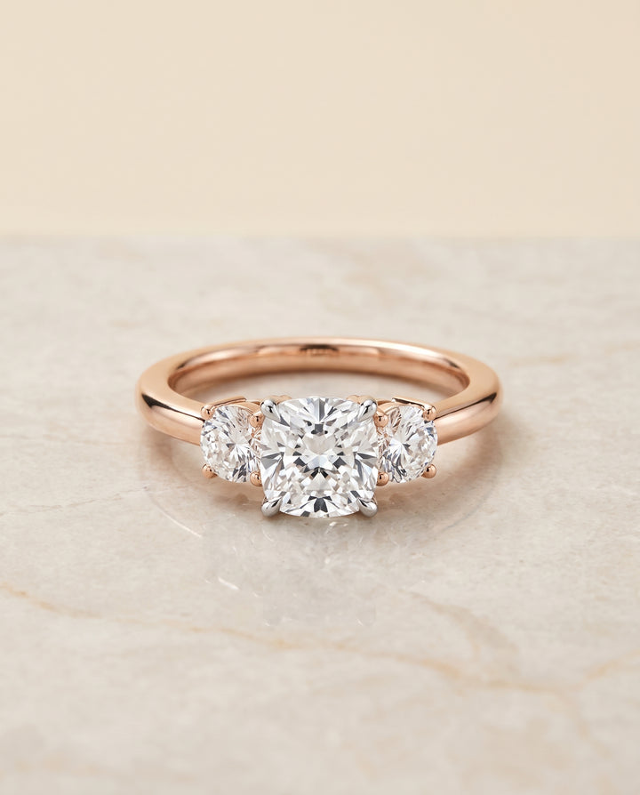 The Anita Classic Three Stone Cushion Cut Engagement Ring Setting in 14K Rose Gold
