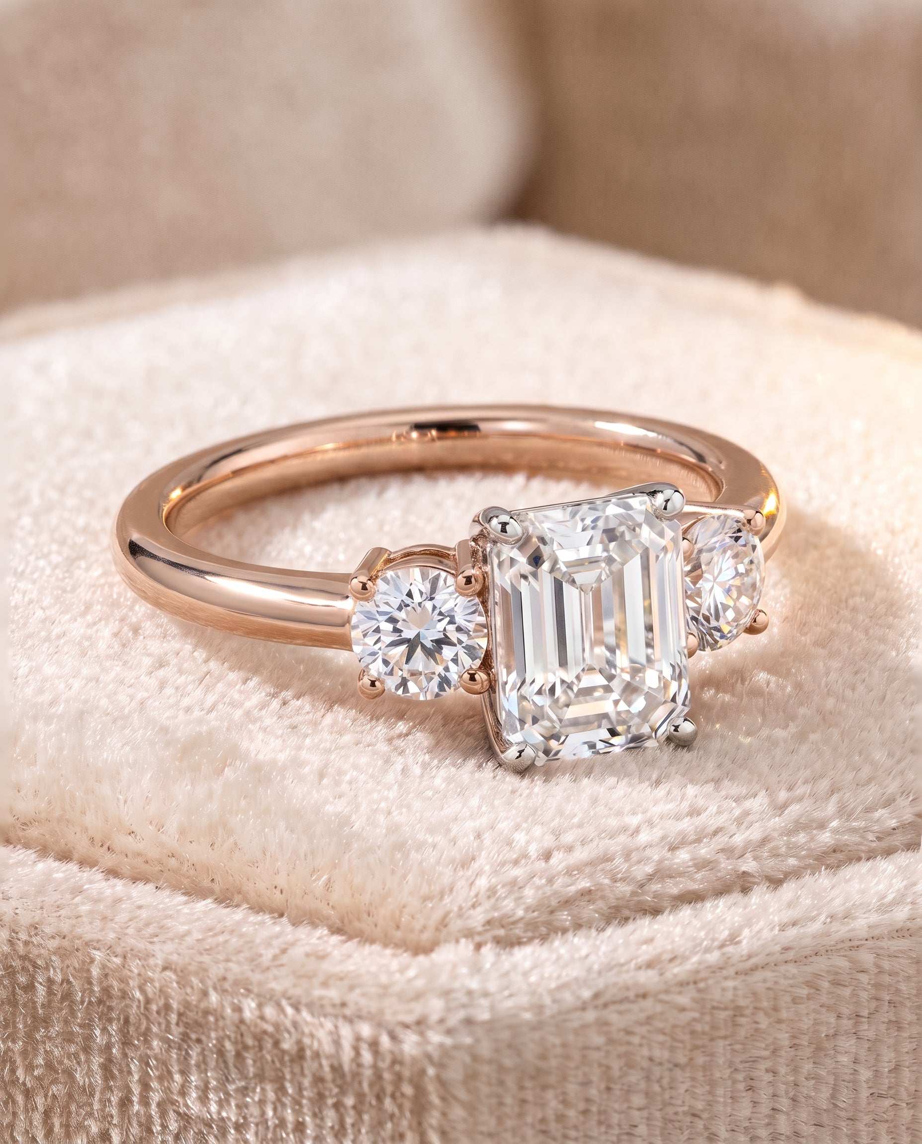 The Anita Classic Three Stone Emerald Cut Engagement Ring Setting in 14K Rose Gold