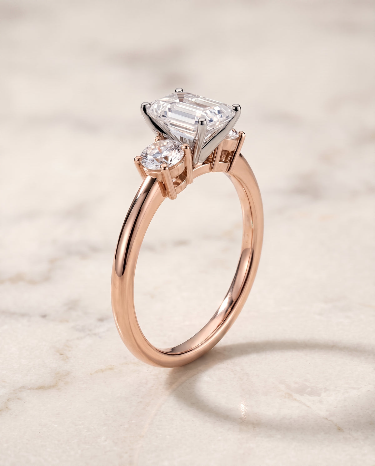 The Anita Classic Three Stone Emerald Cut Engagement Ring Setting in 14K Rose Gold