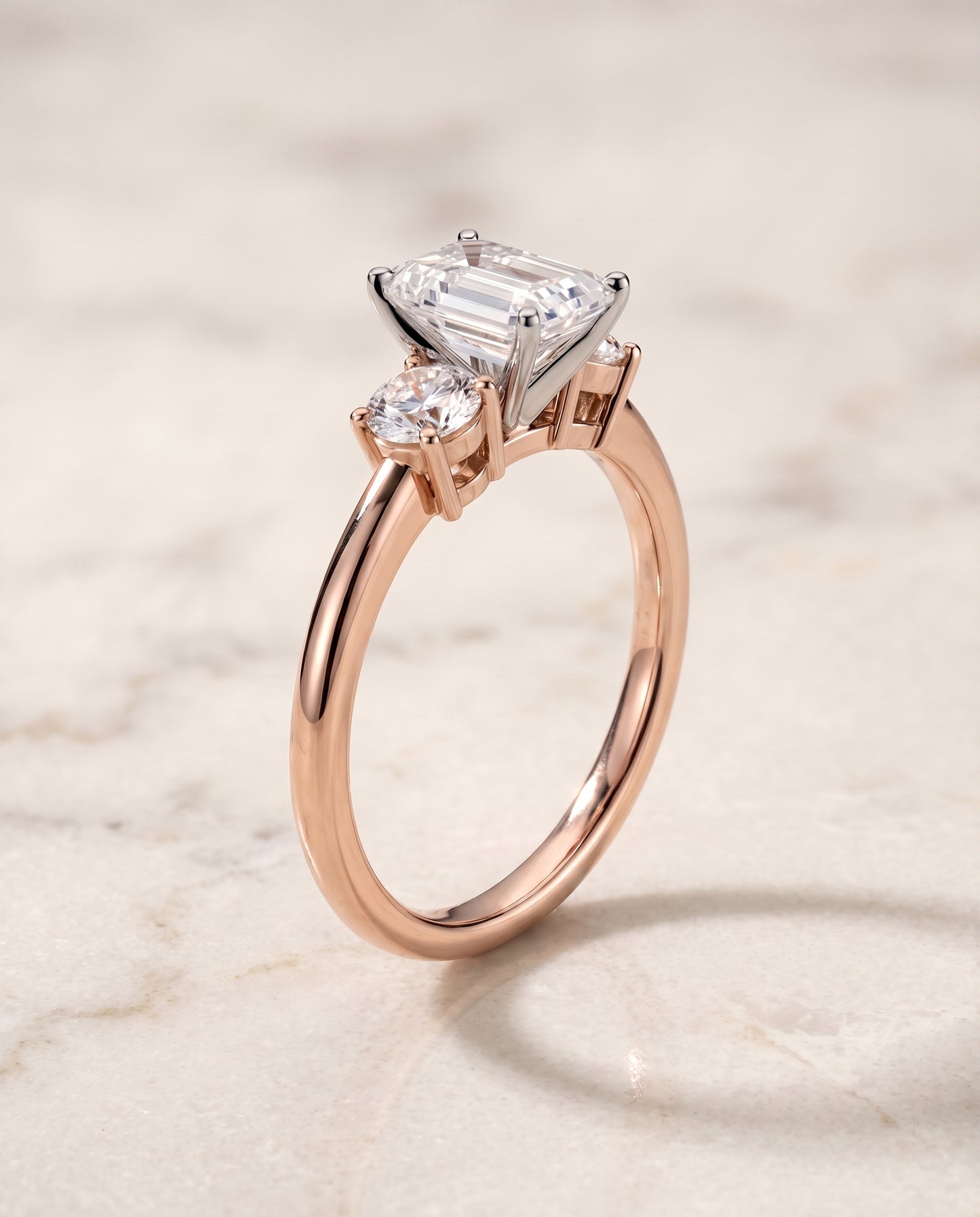 The Anita Classic Three Stone Emerald Cut Engagement Ring Setting in 14K Rose Gold