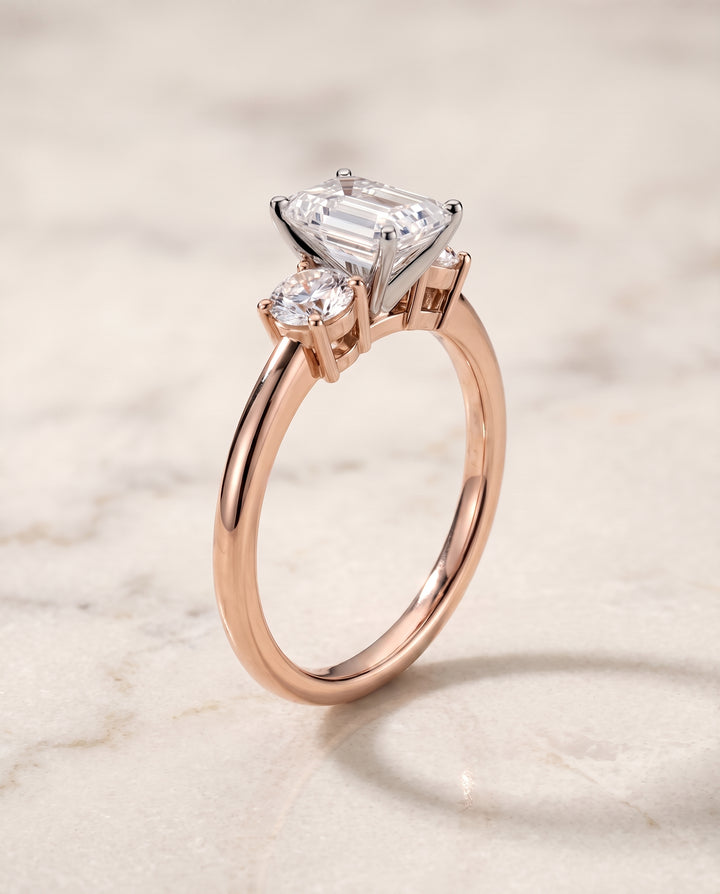 The Anita Classic Three Stone Emerald Cut Engagement Ring Setting in 14K Rose Gold