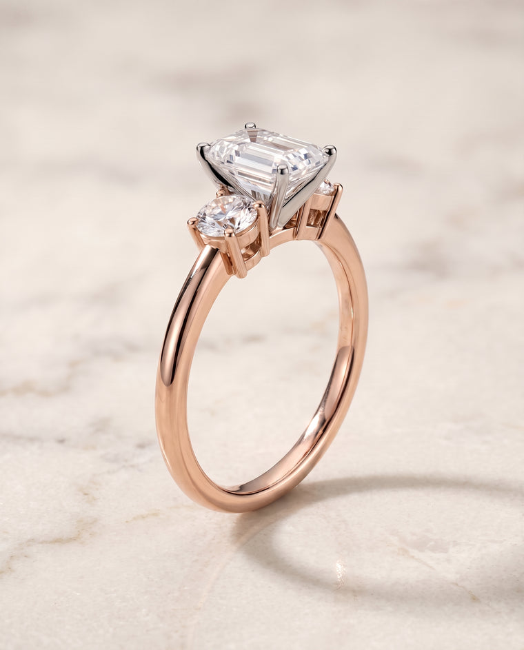 The Anita Classic Three Stone Emerald Cut Engagement Ring Setting in 14K Rose Gold