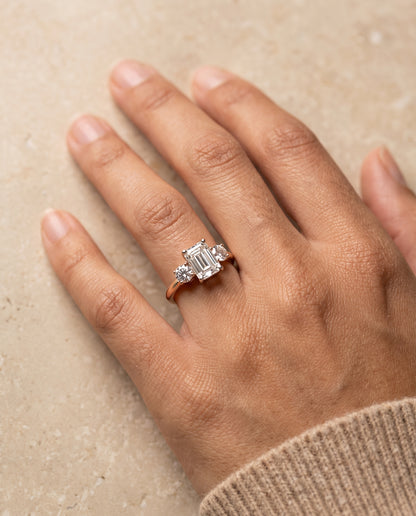 The Anita Classic Three Stone Emerald Cut Engagement Ring Setting in 14K Rose Gold