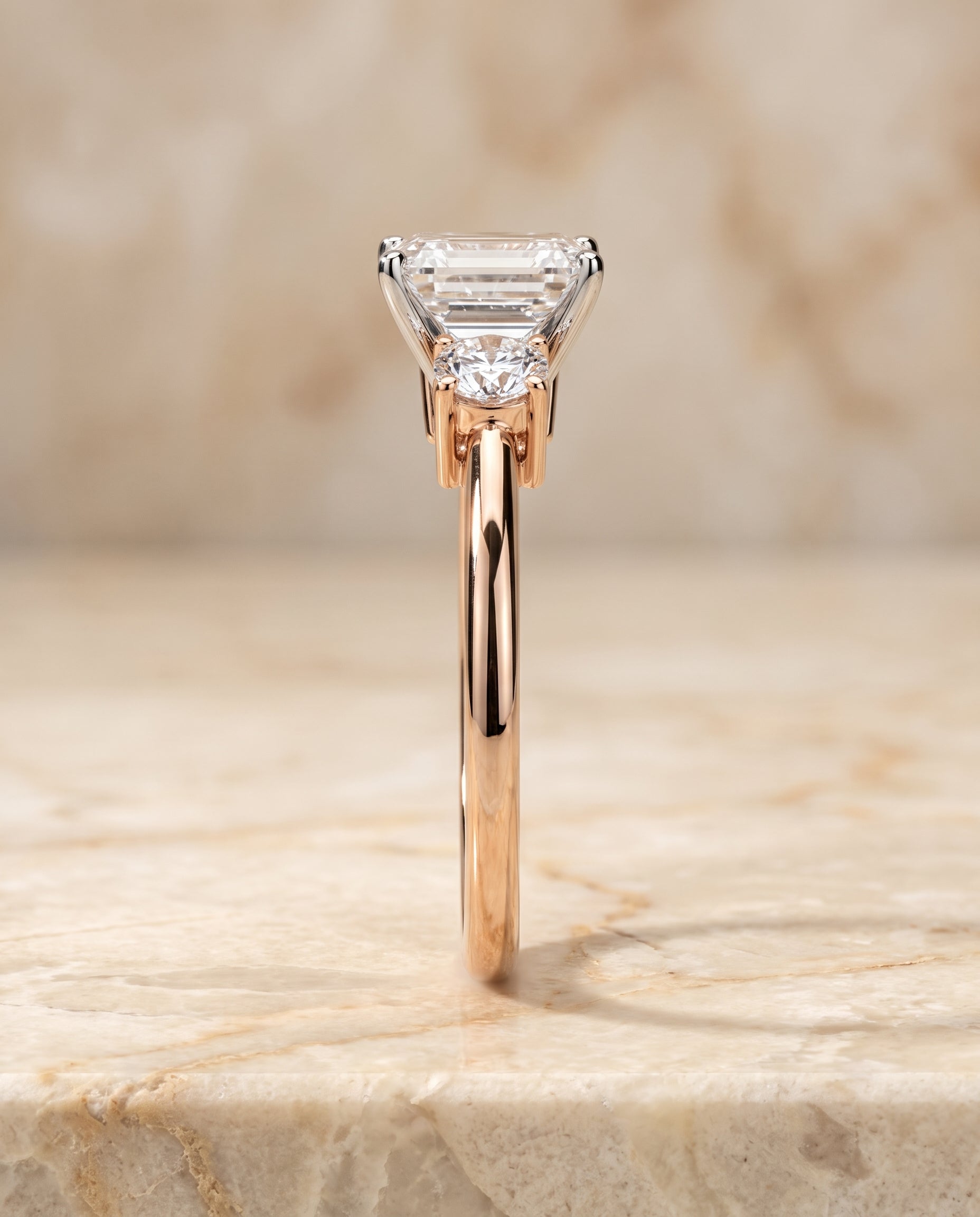The Anita Classic Three Stone Emerald Cut Engagement Ring Setting in 14K Rose Gold
