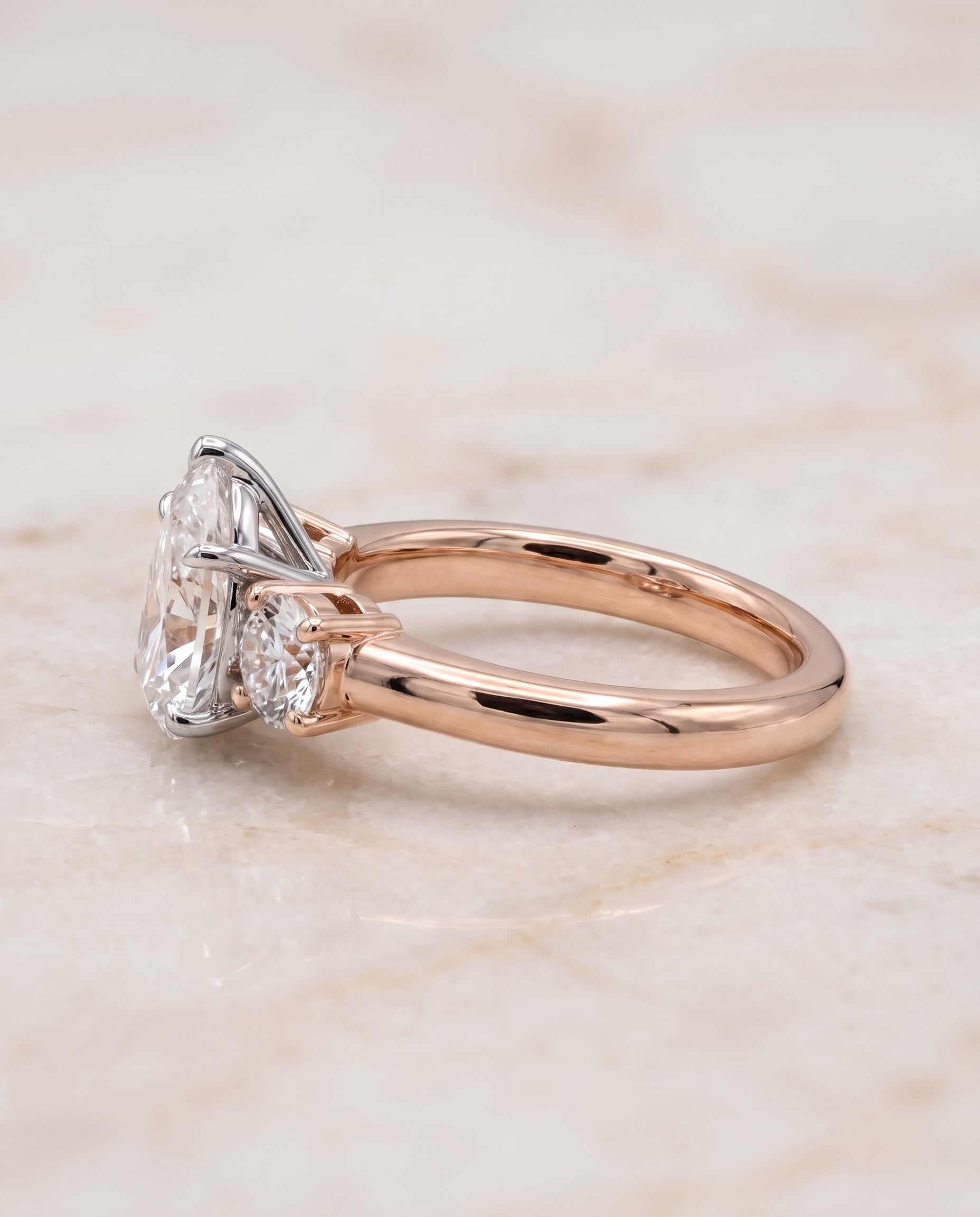 The Anita Classic Three Stone Pear Engagement Ring Setting in 14K Rose Gold