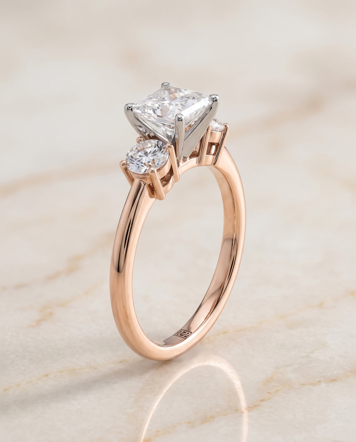 The Anita Classic Three Stone Princess Cut Engagement Ring Setting in 14K Rose Gold