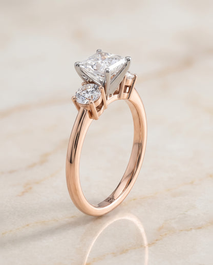 The Anita Classic Three Stone Princess Cut Engagement Ring Setting in 14K Rose Gold