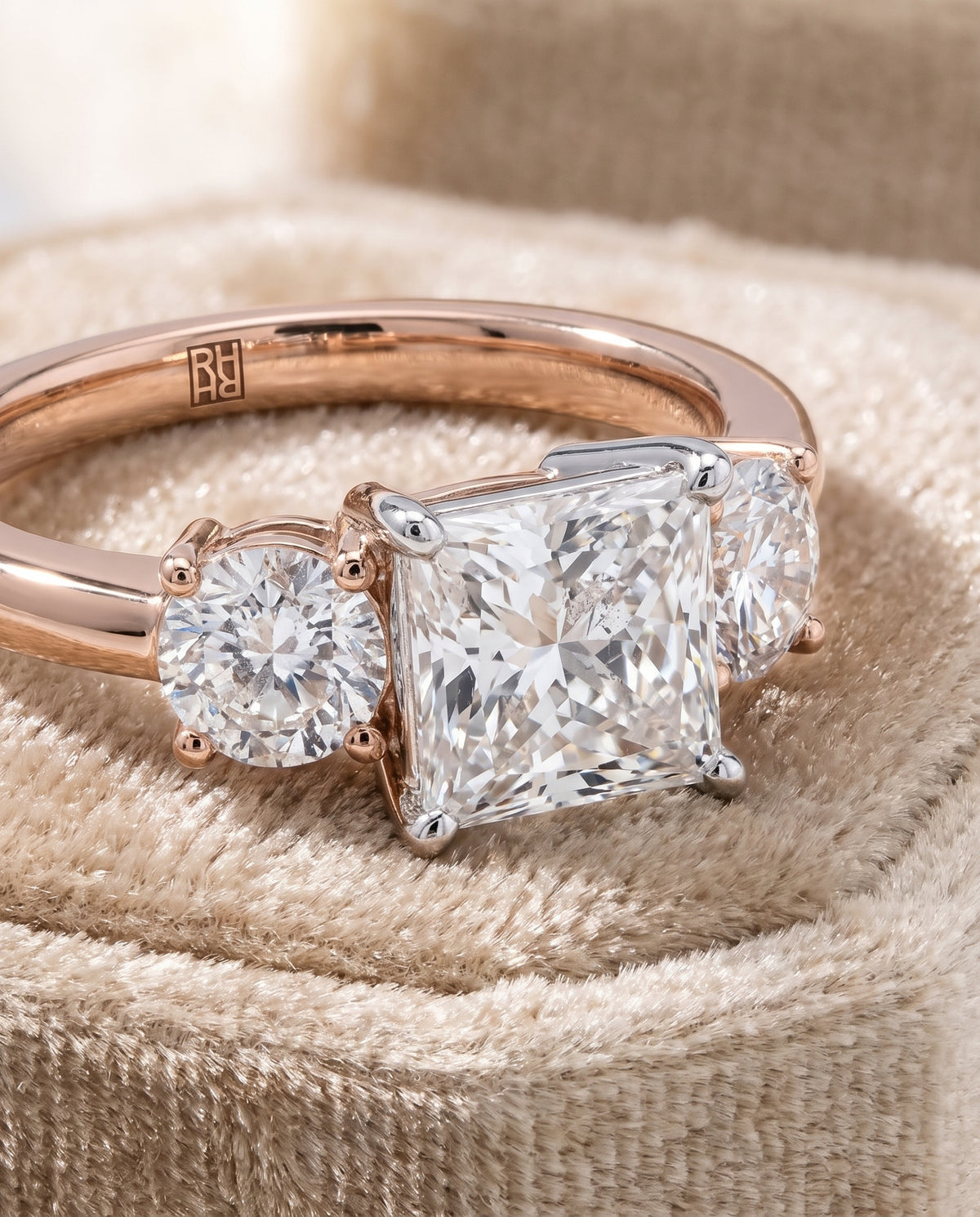 The Anita Classic Three Stone Princess Cut Engagement Ring Setting in 14K Rose Gold