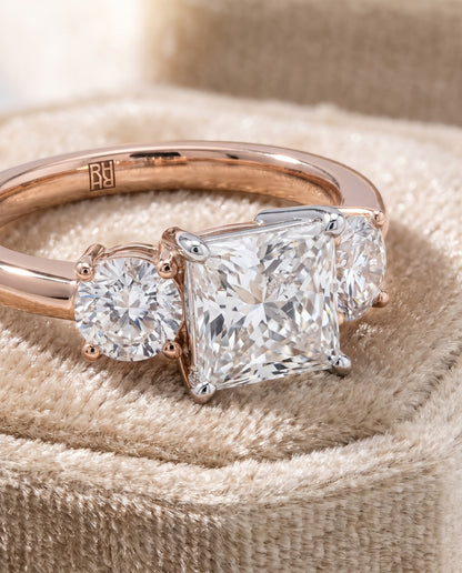 The Anita Classic Three Stone Princess Cut Engagement Ring Setting in 14K Rose Gold