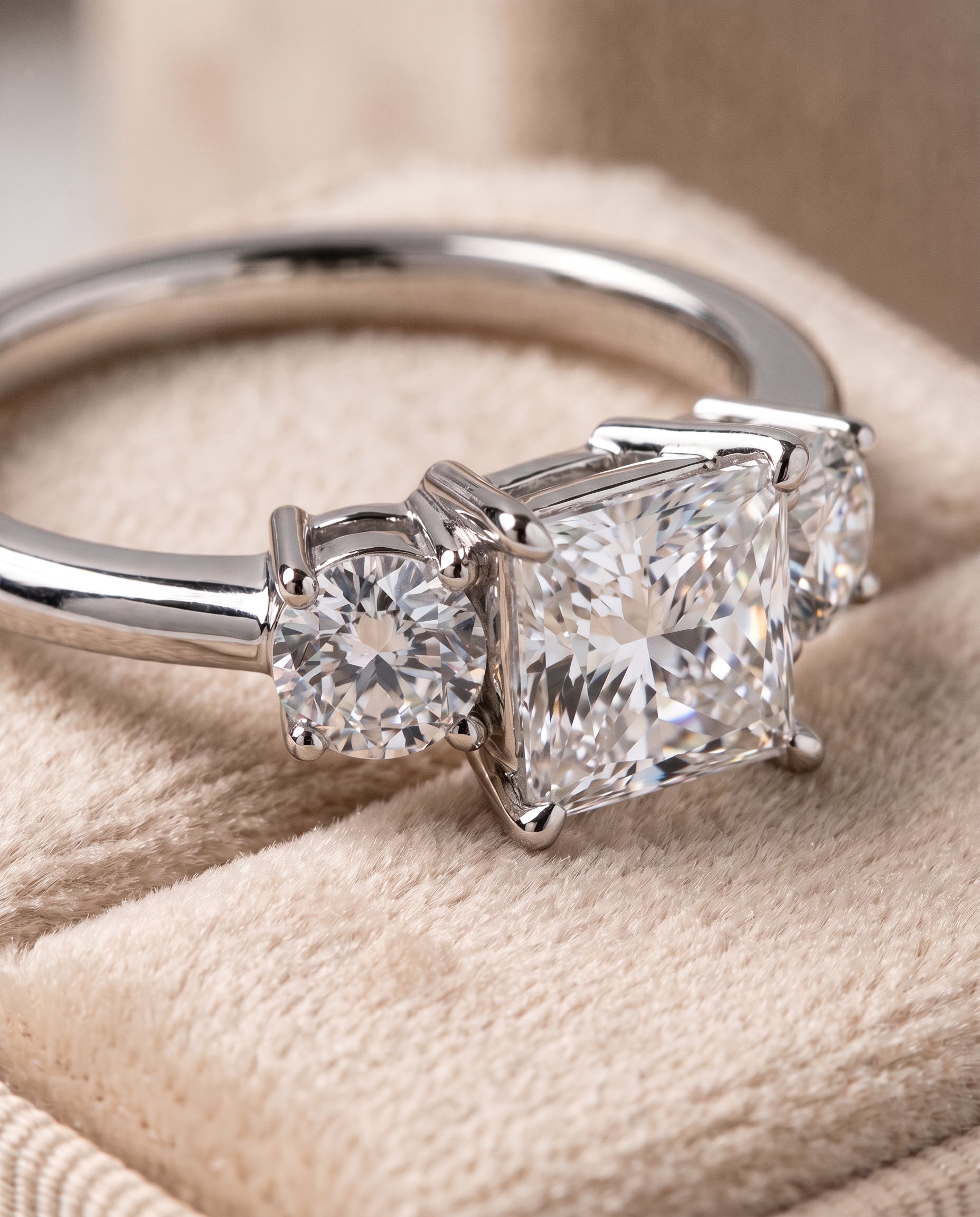 The Anita Classic Three Stone Princess Cut Engagement Ring Setting in Platinum