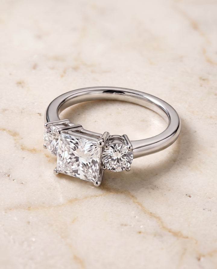 The Anita Classic Three Stone Princess Cut Engagement Ring Setting in Platinum