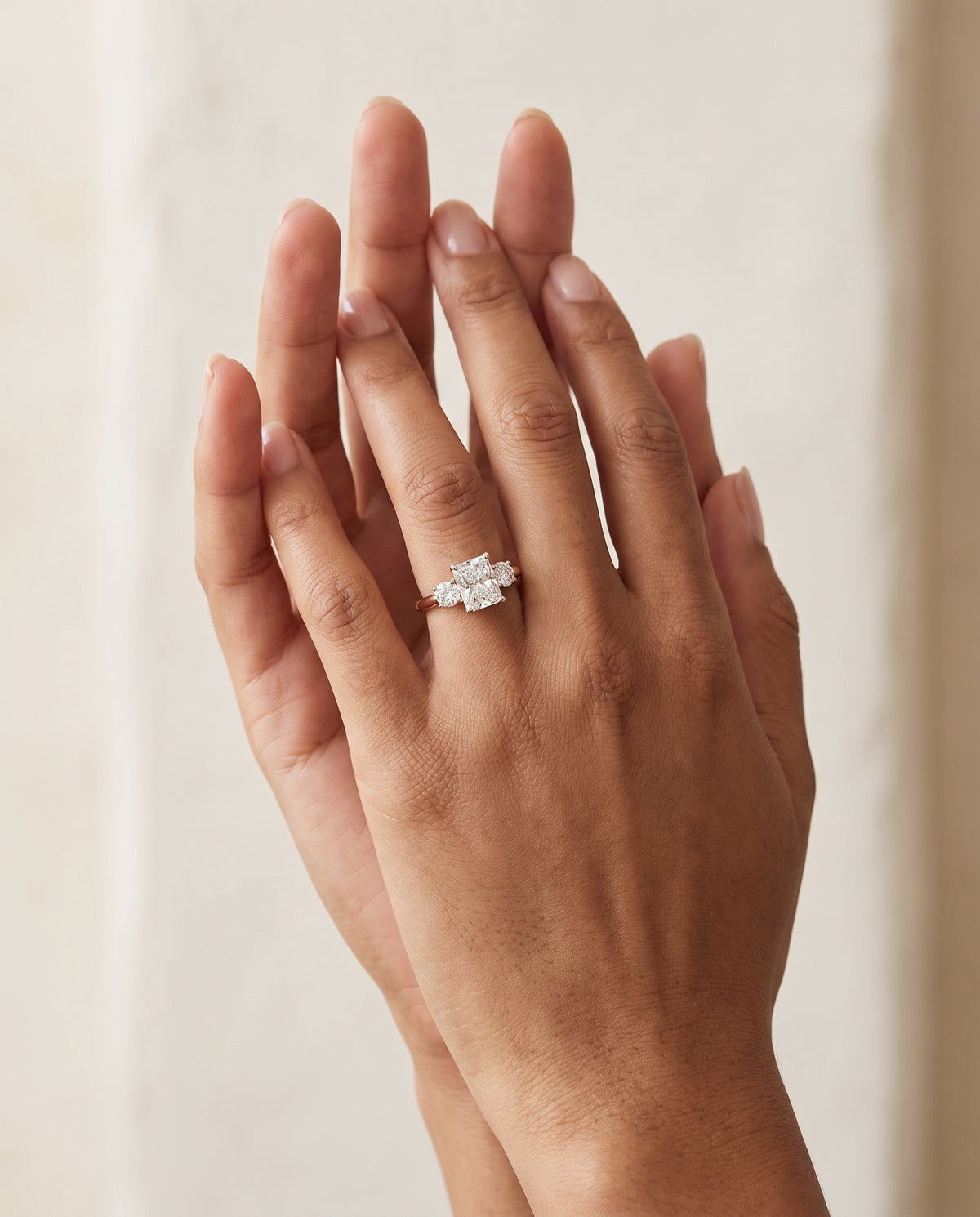The Anita Classic Three Stone Radiant Cut Engagement Ring Setting in 14K Rose Gold