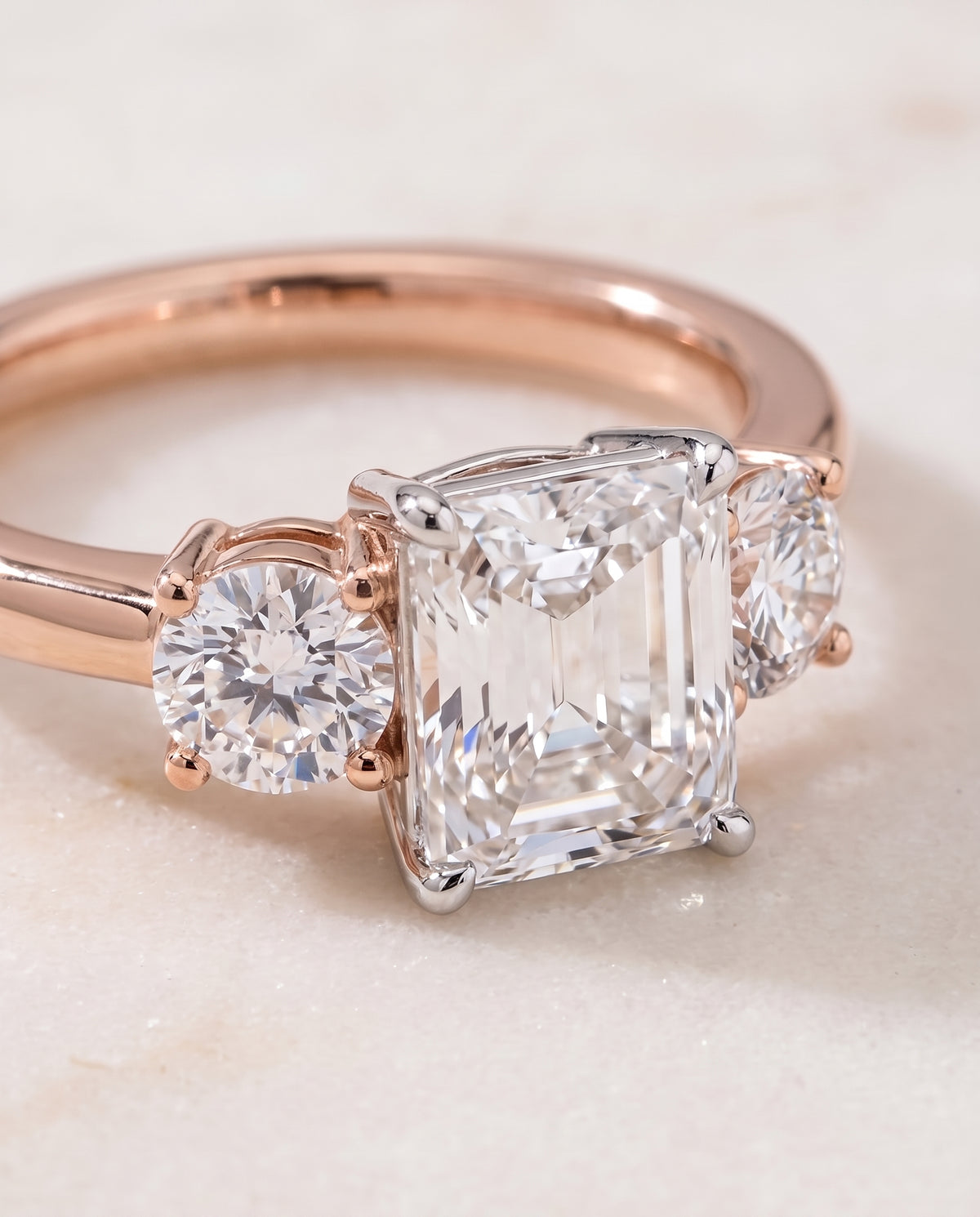 The Anita Classic Three Stone Radiant Cut Engagement Ring Setting in 14K Rose Gold