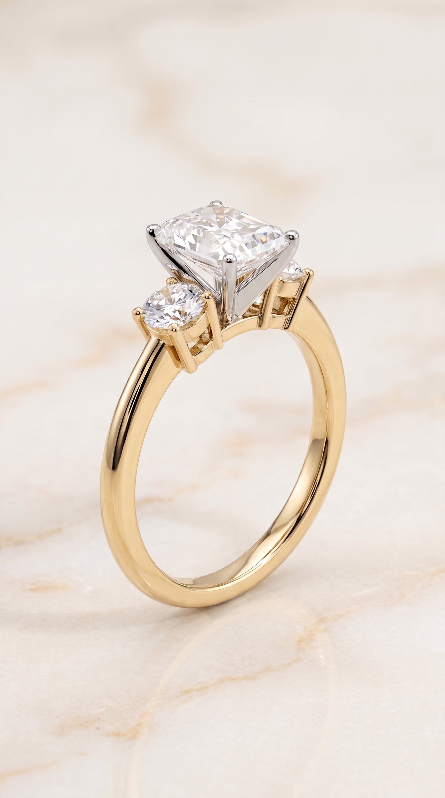 Anita Select Three Stone Radiant Cut Lab Diamond Engagement Ring in 18K Yellow Gold, front view | RockHer