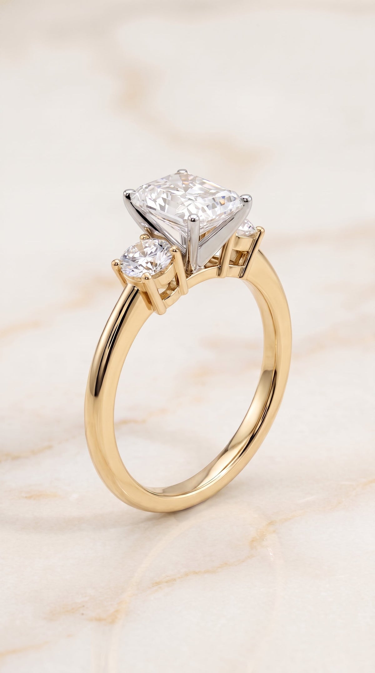 Anita Select Three Stone Radiant Cut Lab Diamond Engagement Ring in 18K Yellow Gold, front view | RockHer