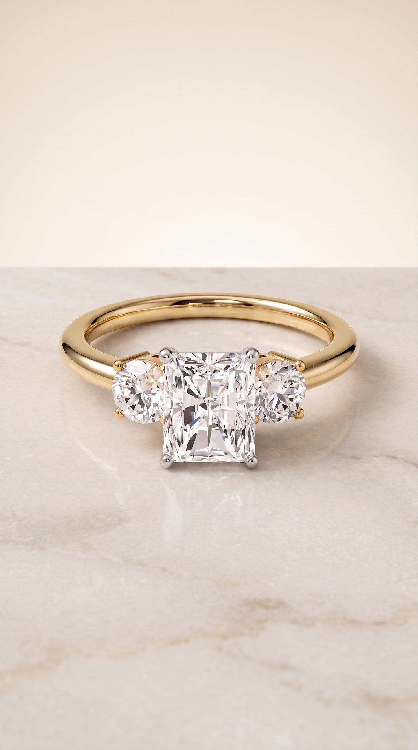 The Anita Classic Three Stone Radiant Cut Engagement Ring Setting in 18K Yellow Gold