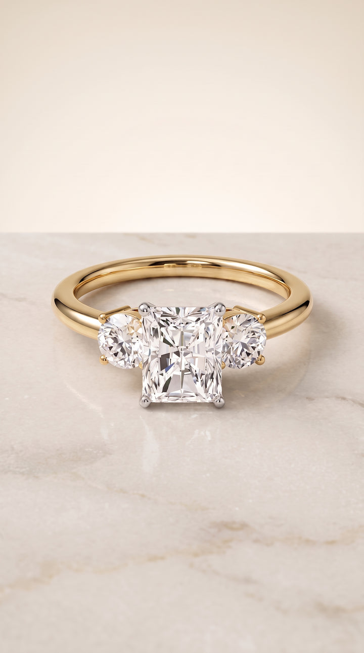 The Anita Classic Three Stone Radiant Cut Engagement Ring Setting in 18K Yellow Gold