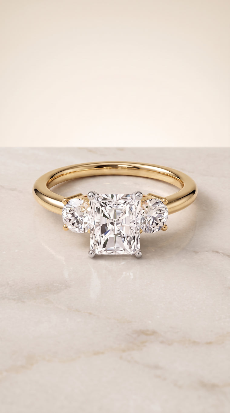 The Anita Classic Three Stone Radiant Cut Engagement Ring Setting in 18K Yellow Gold