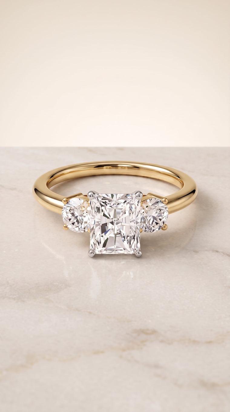 The Anita Select Three Stone Radiant Cut Lab Diamond Engagement Ring in 18K Yellow Gold