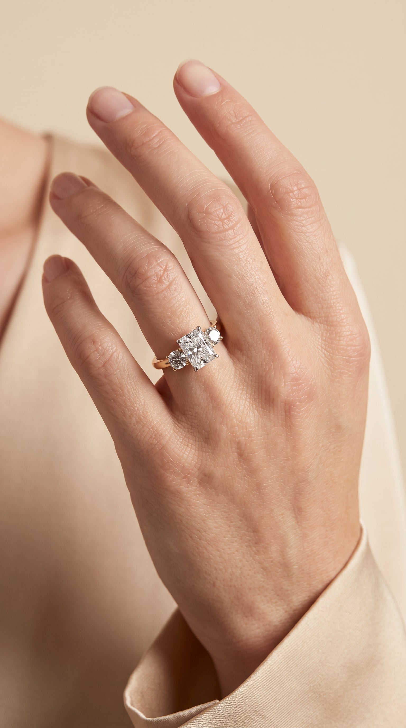 The Anita engagement ring setting in 18K Yellow Gold, classic three stone cut design | RockHer