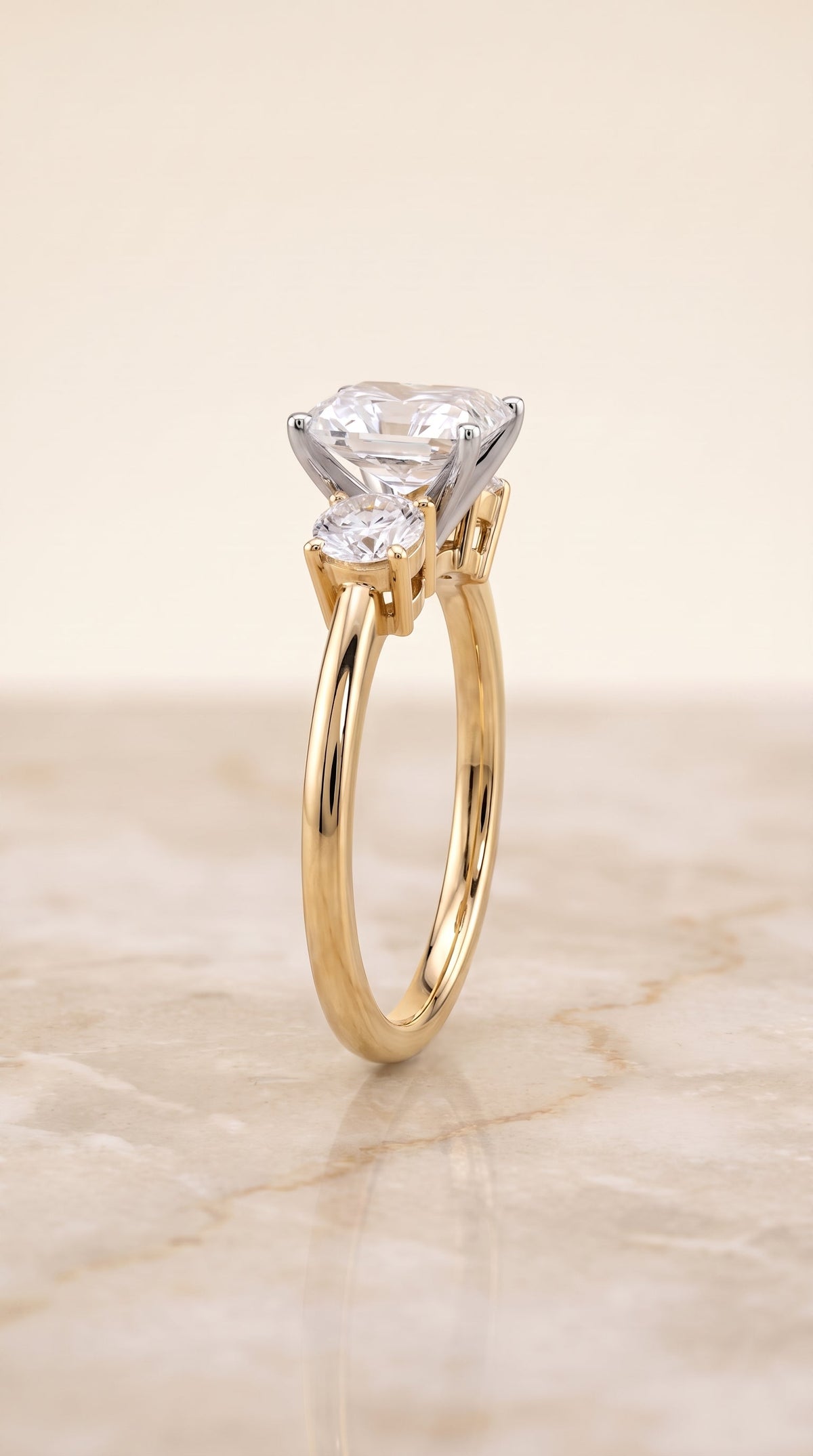 Anita Select Three Stone Radiant Cut Lab Diamond Engagement Ring in 18K Yellow Gold, side view | RockHer