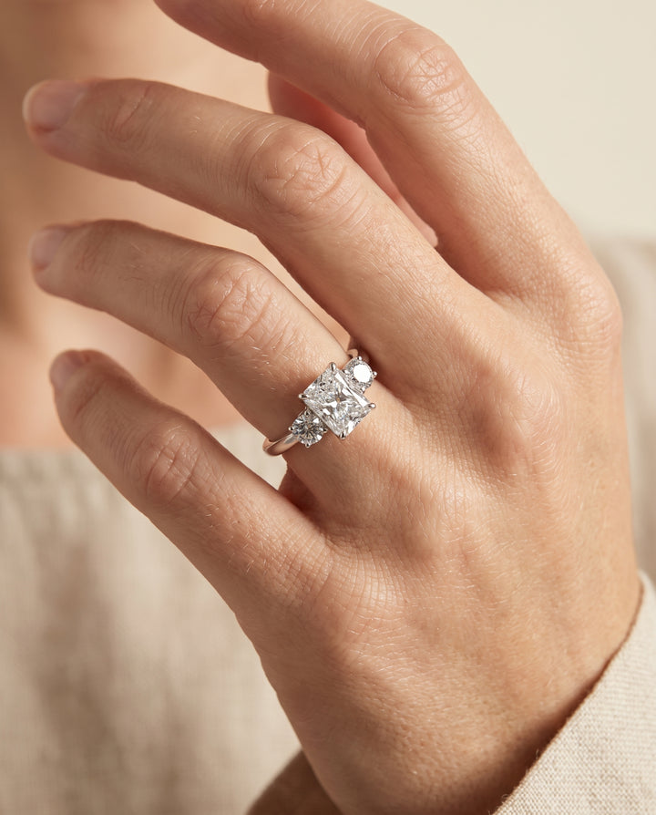 The Anita Classic Three Stone Radiant Cut Engagement Ring Setting in 18K White Gold