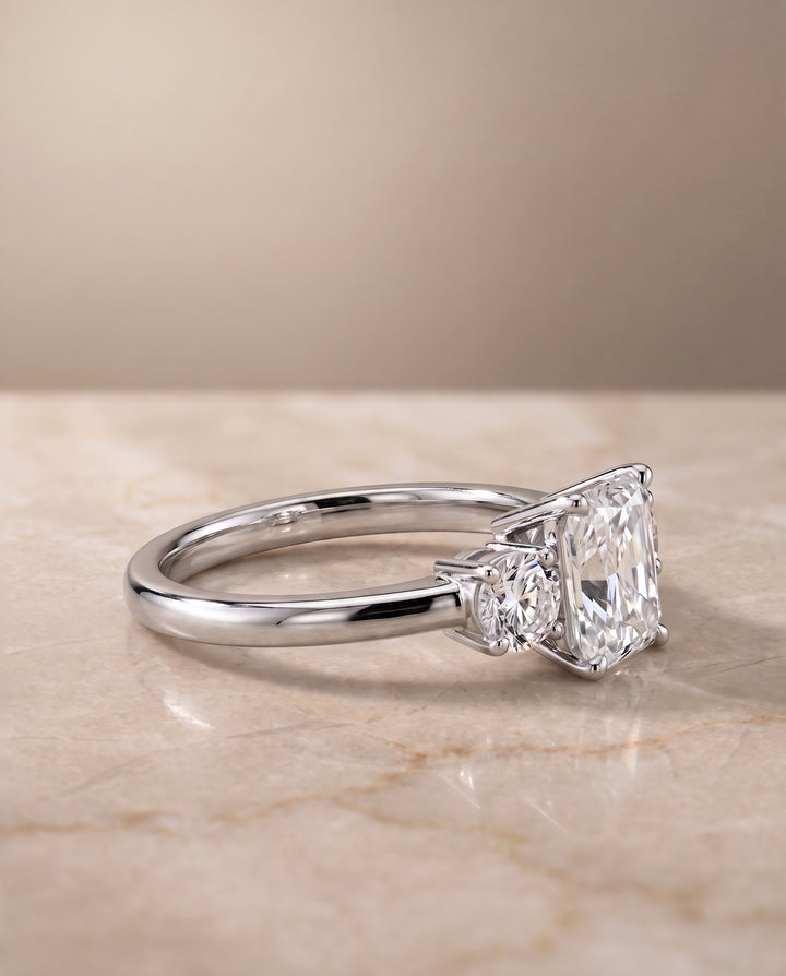 The Anita Classic Three Stone Radiant Cut Engagement Ring Setting in 18K White Gold