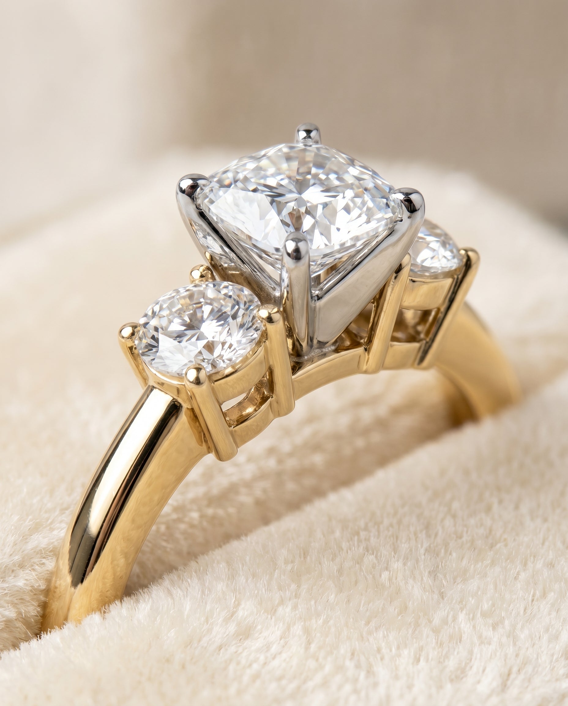 Anita Select Classic Three Stone Solitaire Round Lab Diamond Engagement Ring in 18K Yellow Gold, detail view | RockHer