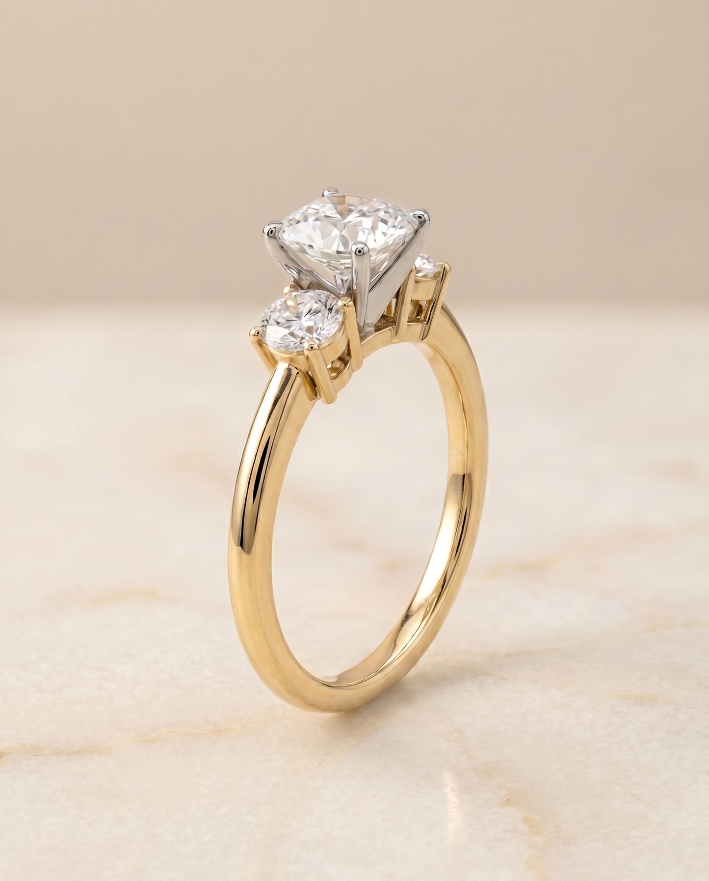 The Anita Three Stone Engagement Ring Setting for Cushion Diamonds in 18K Yellow Gold