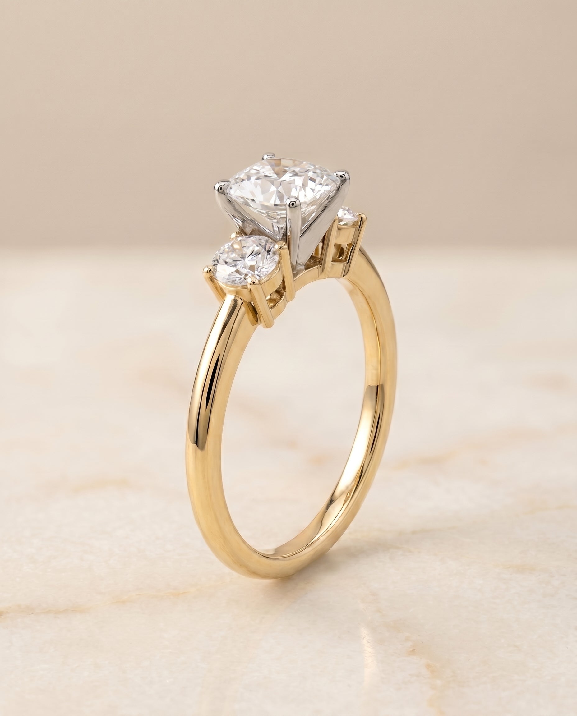 Anita Select Classic Three Stone Solitaire Round Lab Diamond Engagement Ring in 18K Yellow Gold, front view | RockHer