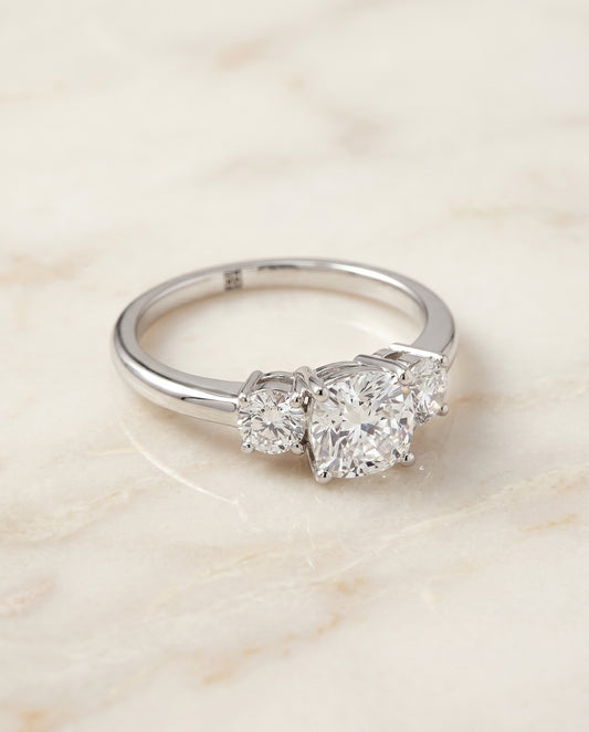 The Anita Three Stone Engagement Ring Setting for Cushion Diamonds in 18K White Gold