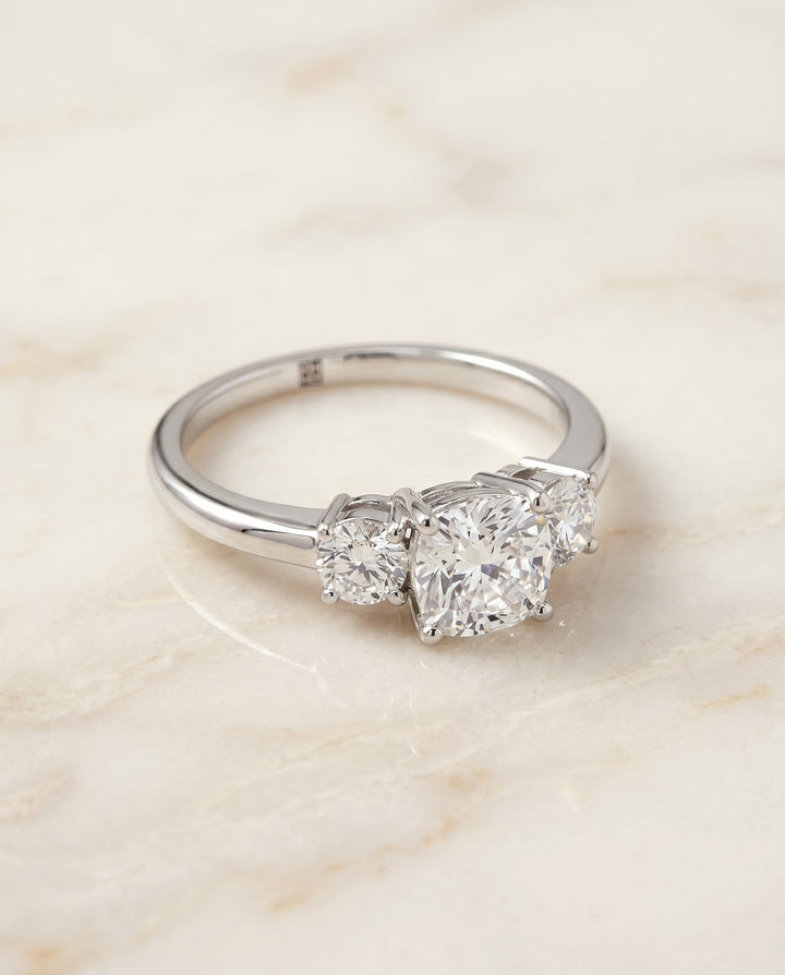 The Anita Classic Three Stone Cushion Cut Engagement Ring Setting in Platinum
