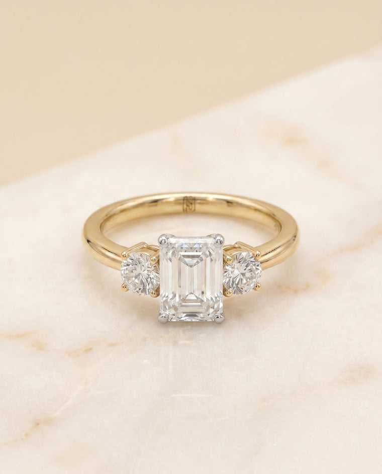The Anita Select Three Stone Emerald Cut Lab Diamond Engagement Ring in 18K Yellow Gold