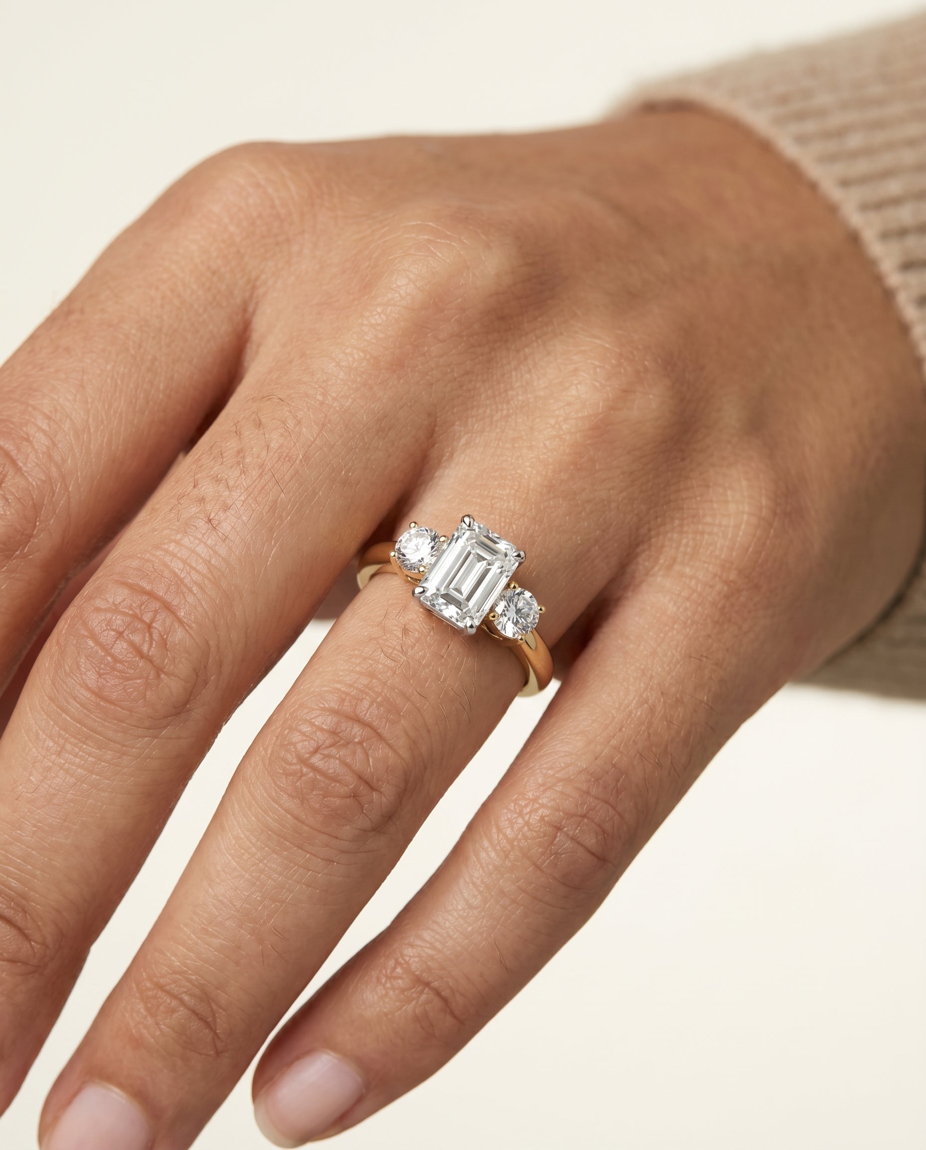 The Anita engagement ring setting in 18K Yellow Gold, classic three stone cut design | RockHer