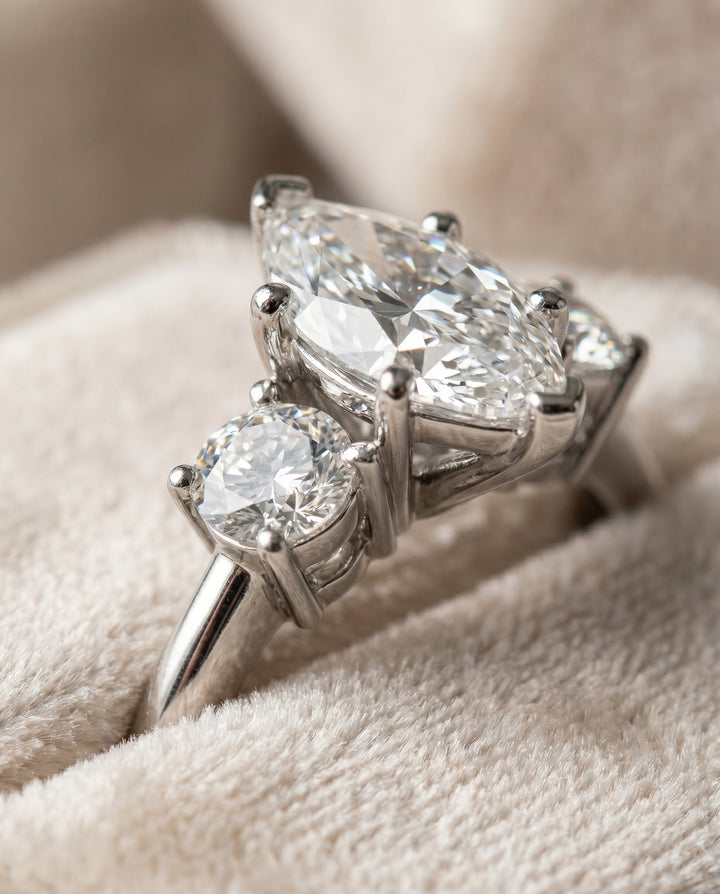 Anita Select Three Stone Marquise Lab Diamond Engagement Ring in 18K White Gold, detail view | RockHer