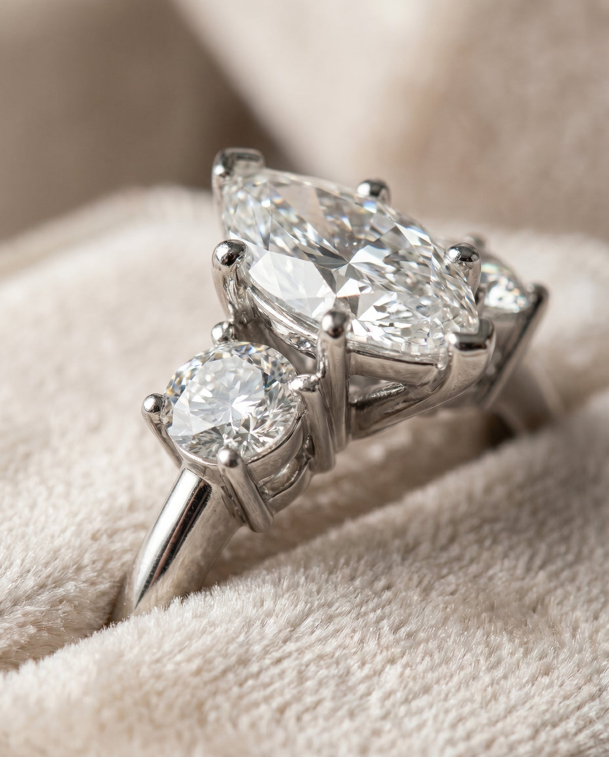 Anita Select Three Stone Marquise Lab Diamond Engagement Ring in Platinum, detail view | RockHer