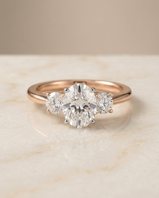 The Anita Three Stone Engagement Ring Setting for Oval Diamonds in 14K Rose Gold