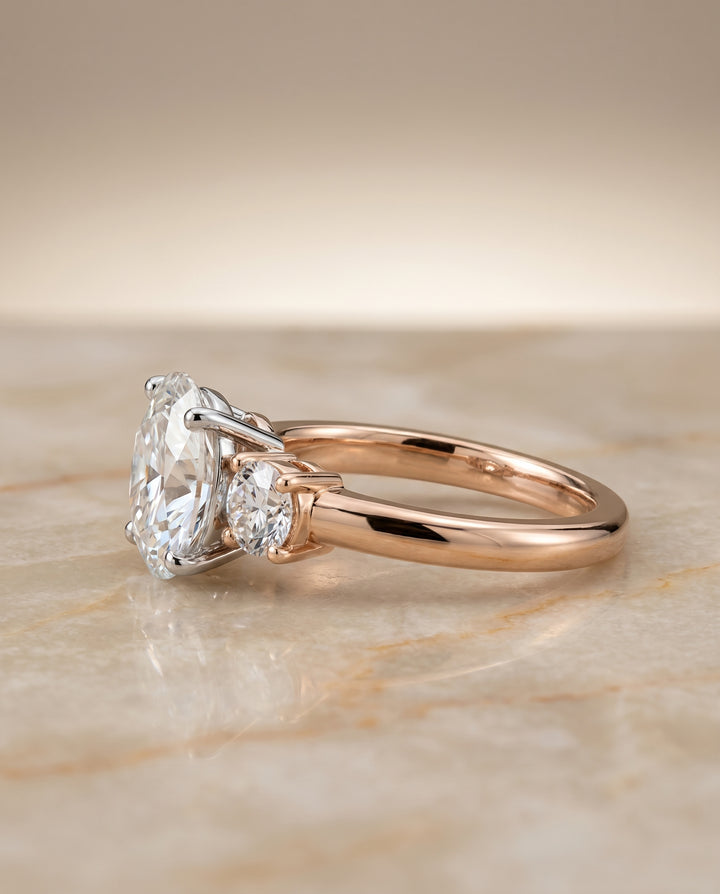 The Anita Three Stone Engagement Ring Setting for Oval Diamonds in 14K Rose Gold