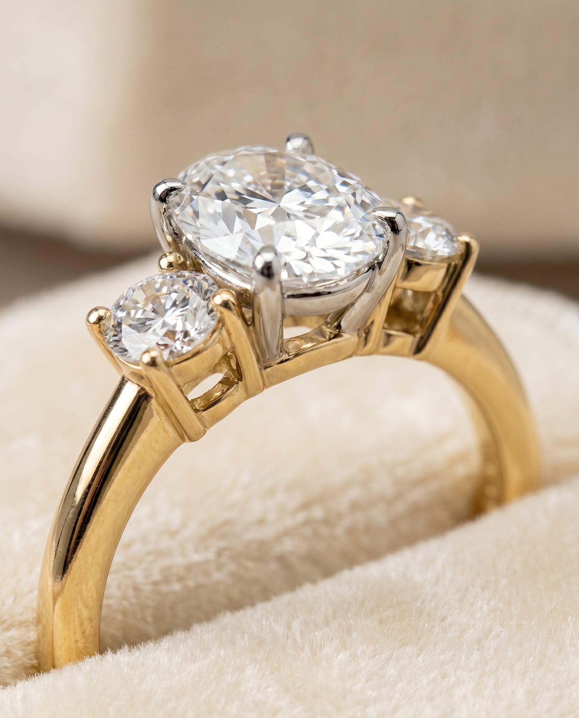Anita Select Classic Three Stone Oval Lab Diamond Engagement Ring in 18K Yellow Gold, detail view | RockHer