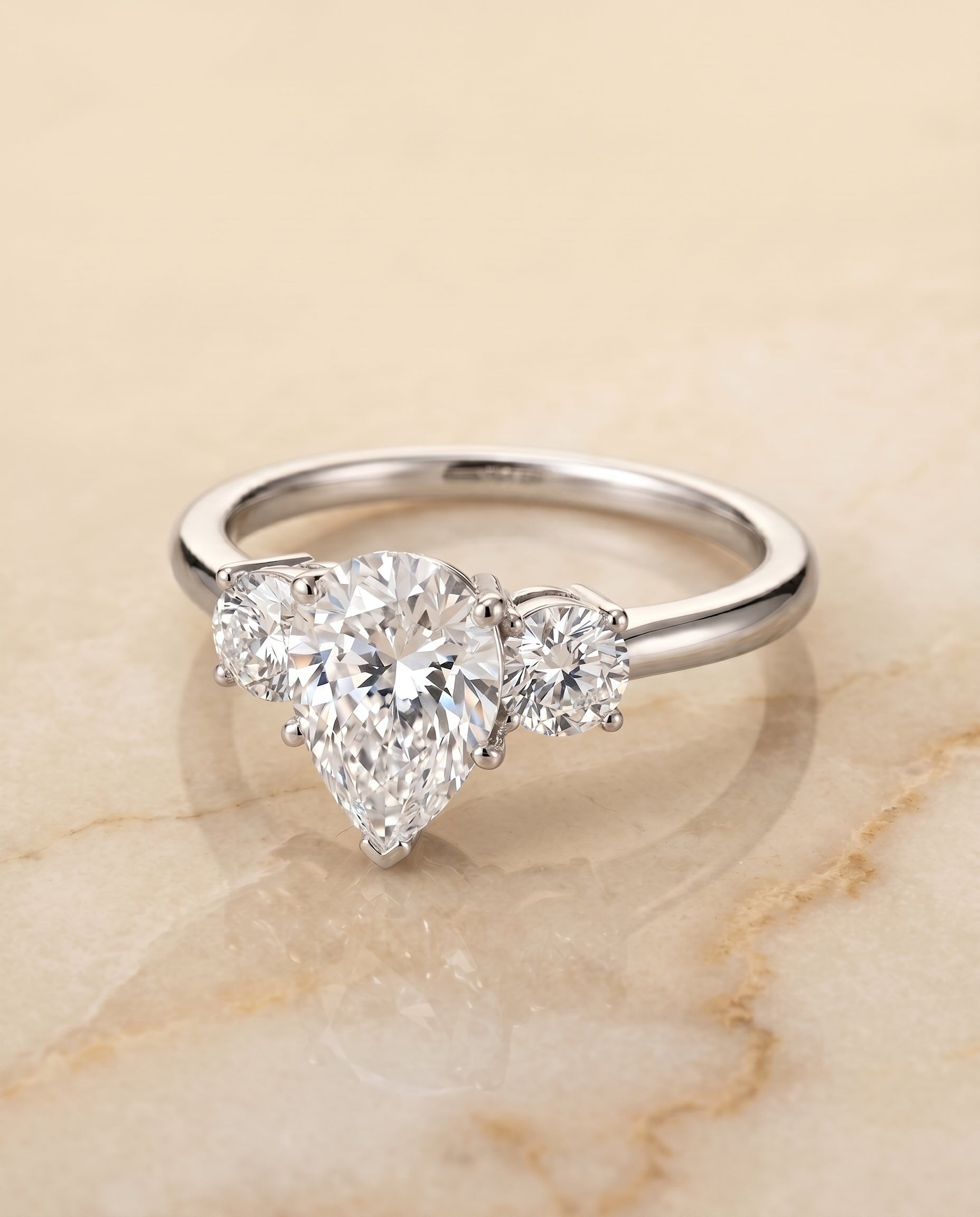 The Anita Three Stone Engagement Ring Setting for Pear Diamonds in 18K White Gold