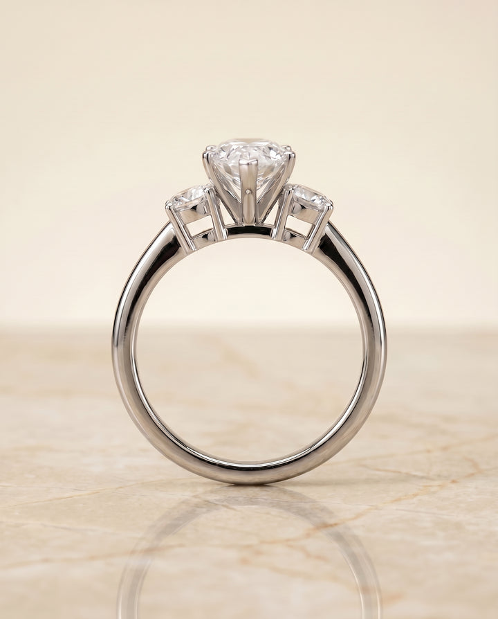 The Anita Three Stone Engagement Ring Setting for Pear Diamonds in 18K White Gold
