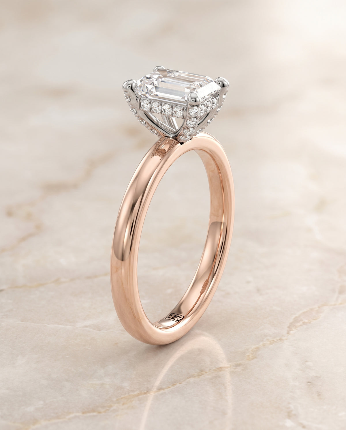 The Annabelle Hidden Pavé Basket Crown Solitaire Emerald Cut Engagement Ring Setting in 14K Rose Gold