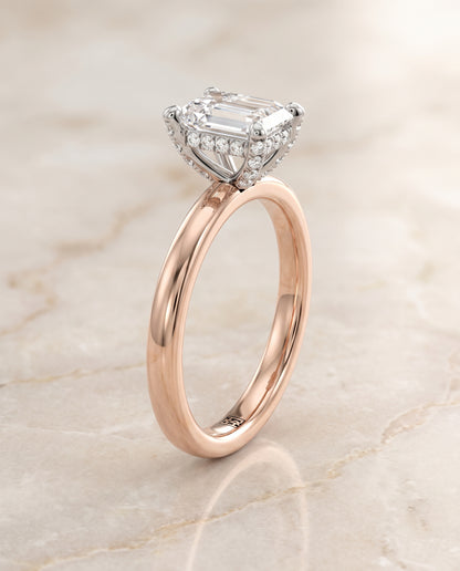 The Annabelle Hidden Pavé Basket Crown Solitaire Emerald Cut Engagement Ring Setting in 14K Rose Gold