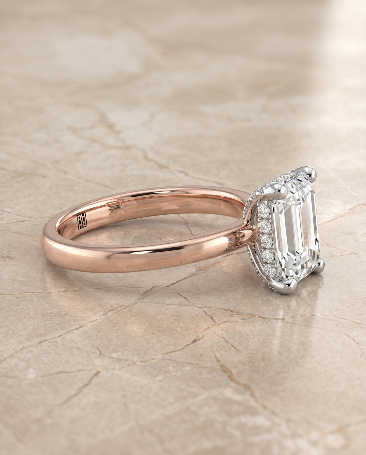The Annabelle Hidden Pavé Basket Crown Solitaire Emerald Cut Engagement Ring Setting in 14K Rose Gold