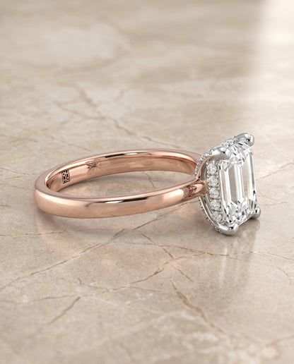 The Annabelle Hidden Pavé Basket Crown Solitaire Emerald Cut Engagement Ring Setting in 14K Rose Gold