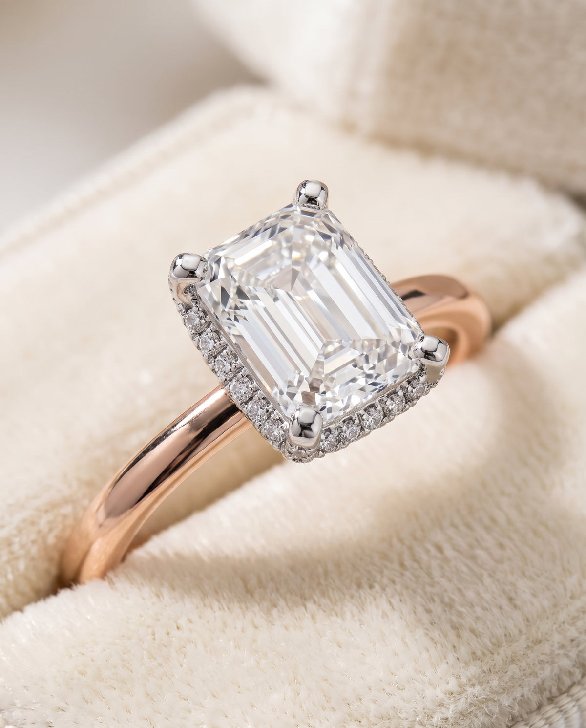 The Annabelle Hidden Pavé Basket Crown Solitaire Emerald Cut Engagement Ring Setting in 14K Rose Gold