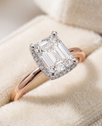 The Annabelle Hidden Pavé Basket Crown Solitaire Emerald Cut Engagement Ring Setting in 14K Rose Gold