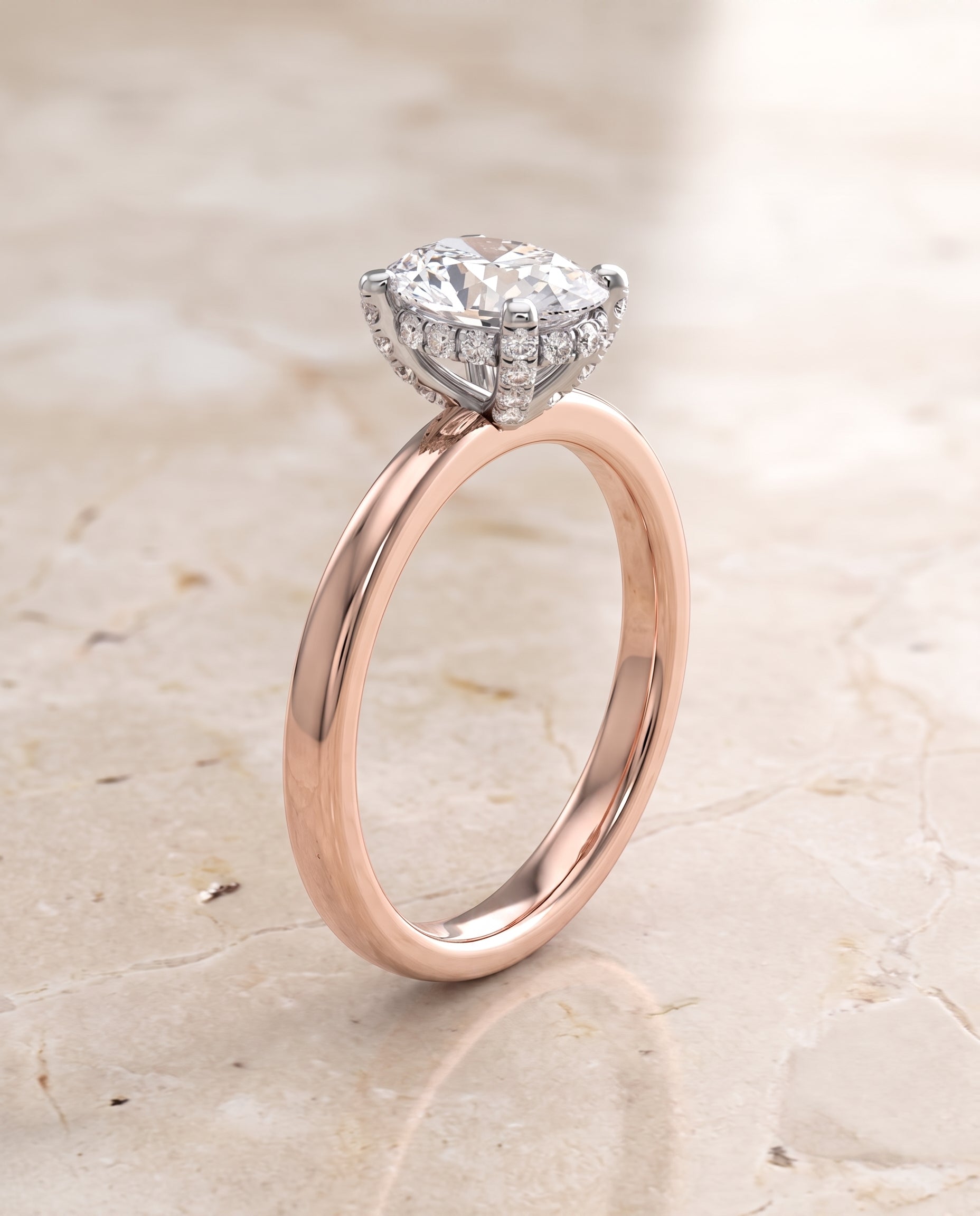The Annabelle Hidden Pavé Basket Crown Solitaire Oval Engagement Ring Setting in 14K Rose Gold