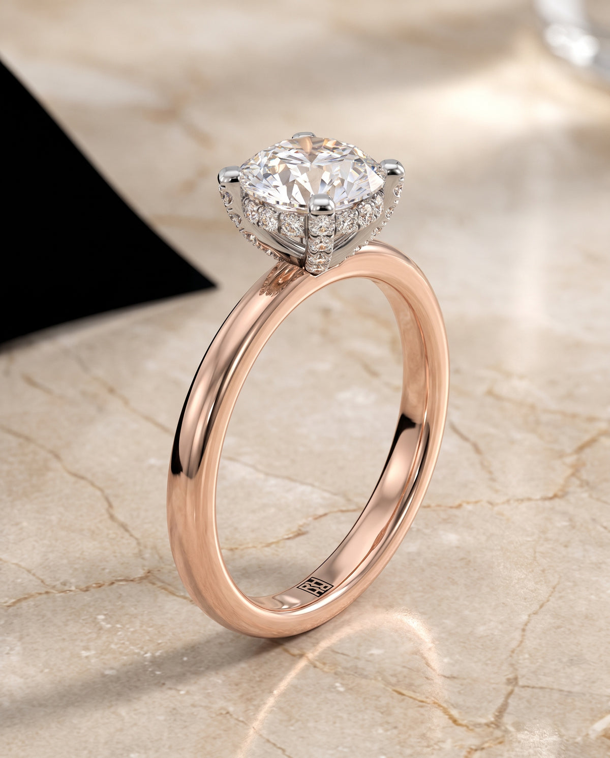 The Annabelle Hidden Pavé Basket Crown Solitaire Round Engagement Ring Setting in 14K Rose Gold