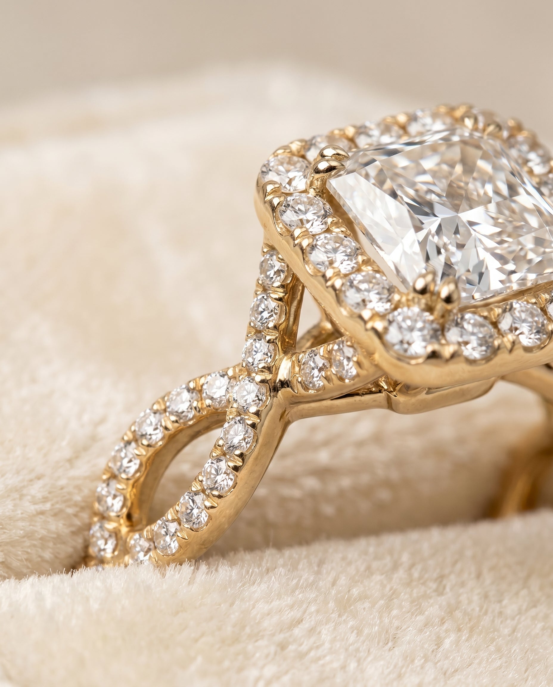 Annie Select Halo Radiant Cut Lab Diamond Engagement Ring in 18K Yellow Gold, detail view | RockHer